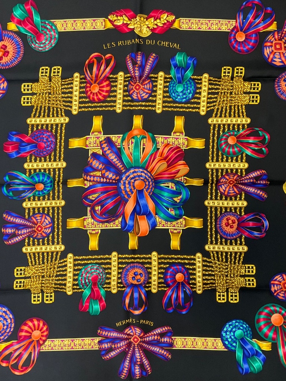 HERMES BLACK MULTI LES RUBANS DU CHEVAL PRINT SQUARE SILK TWILL SCARF - Picture 3 of 8